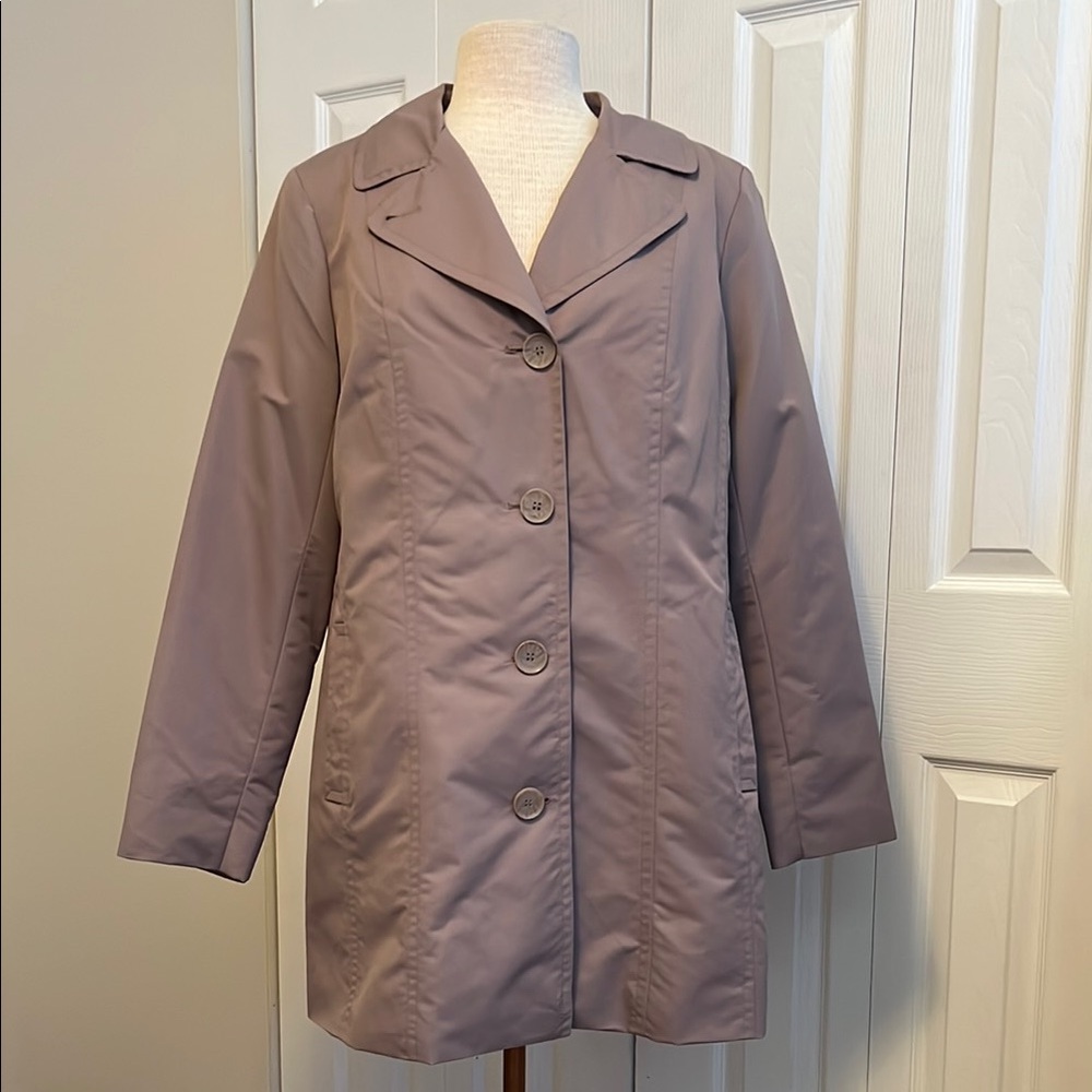 Dennis Basso Women's Taupe Single Breasted Trench Coat Jacket Size Medium